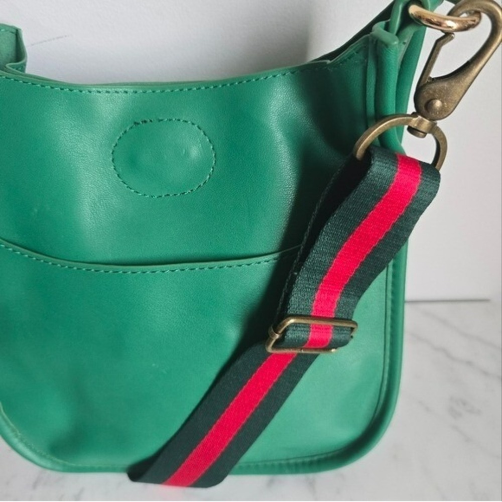 Ahdorned NEW Green Vegan Leather Stripe Crossbody Strap Messanger Bag Preppy - Picture 2 of 10